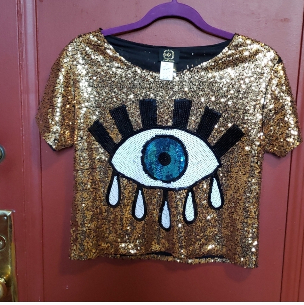 M/2 Multi Colour Sequin Short Sleeve CROP Blouse Eye Design